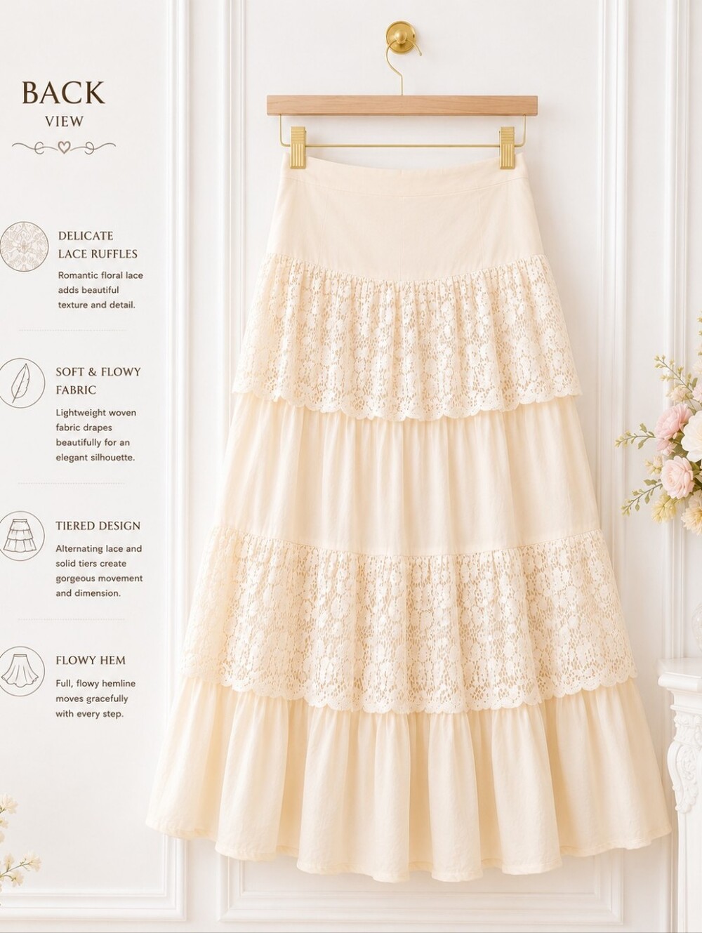 N.D.S Ivory Tiered Lace Maxi Skirt | Size XL Cotton | Romantic Boho Cottagecore - Picture 7 of 11